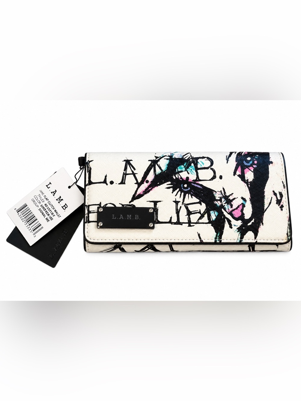 L.A.M.B. White Graphic Logo Convertible Wallet Clutch with Black Plaque